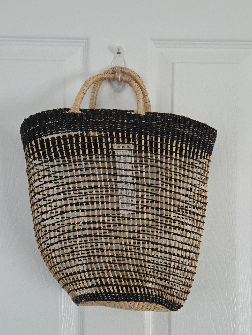 Zara Woven Black and Natural Straw Tote - Handled Beach & Market Bag